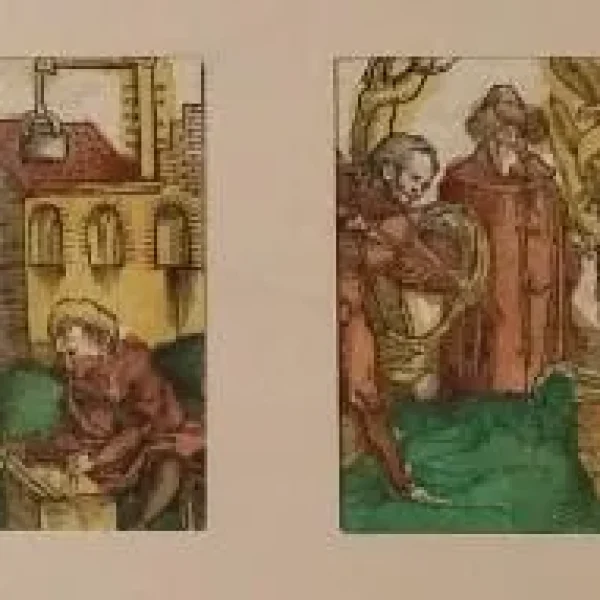 INCUNABLE: LAS CRÓNICAS DE NUREMBERG, 4 xilografias COLOREADAS, edición ALEMANA, 1493