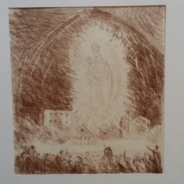 Alfred Buchta: Aparición de la Virgen y Jesús, litografía firmada de 1921